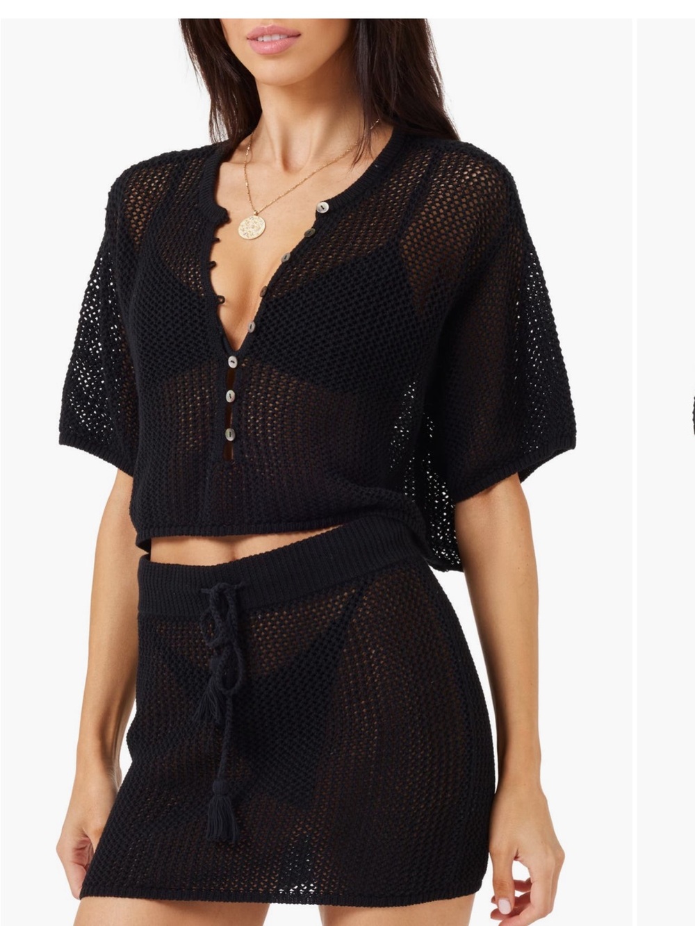 l*space Black Crochet Two-Piece Swim Cover-Up Set
